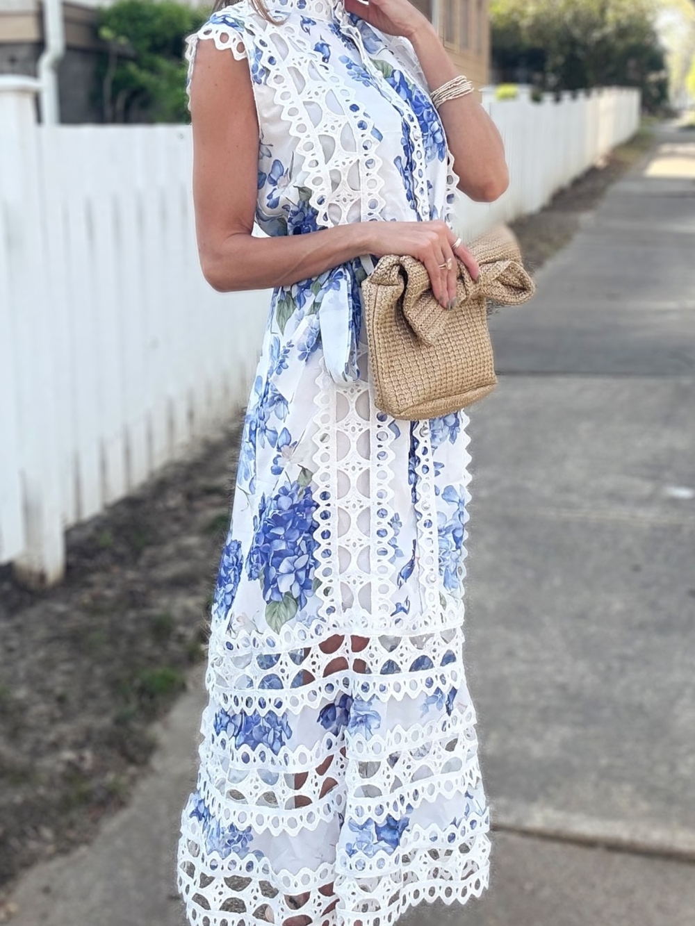 White & Blue Floral Lace Maxi Dress with Eyelet Detail